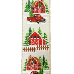Clearance Christmas Forever WIRED RIBBON 2.5″X10 YDS NATURAL W/RED BARN & TRUCK
