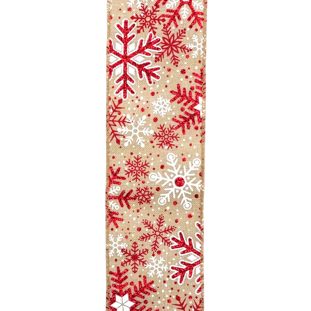 Christmas Forever WIRED RIBBON 2.5″X10 YDS NATURAL W/ RED GLITTER SNOWFLAKES