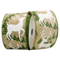 Hot Christmas Forever WIRED RIBBON 2.5″x10 YDS. NATURAL W/ WHITE STANDING REINDEER