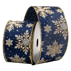 Christmas Forever WIRED RIBBON 2.5″x10 YDS. NAVY BLUE W/ GLITTER SNOWFLAKES