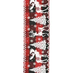 Sale Christmas Forever WIRED RIBBON 2.5″X10 YDS RED/ BLACK CHEPLAID W/ TREE, DEER, SNOWFLAKE