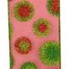 Hot Christmas Forever WIRED RIBBON 2.5″X10 YDS RED SHEER W/ RED GREEN GLITTER DOTS