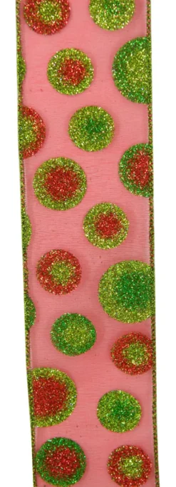 Hot Christmas Forever WIRED RIBBON 2.5″X10 YDS RED SHEER W/ RED GREEN GLITTER DOTS