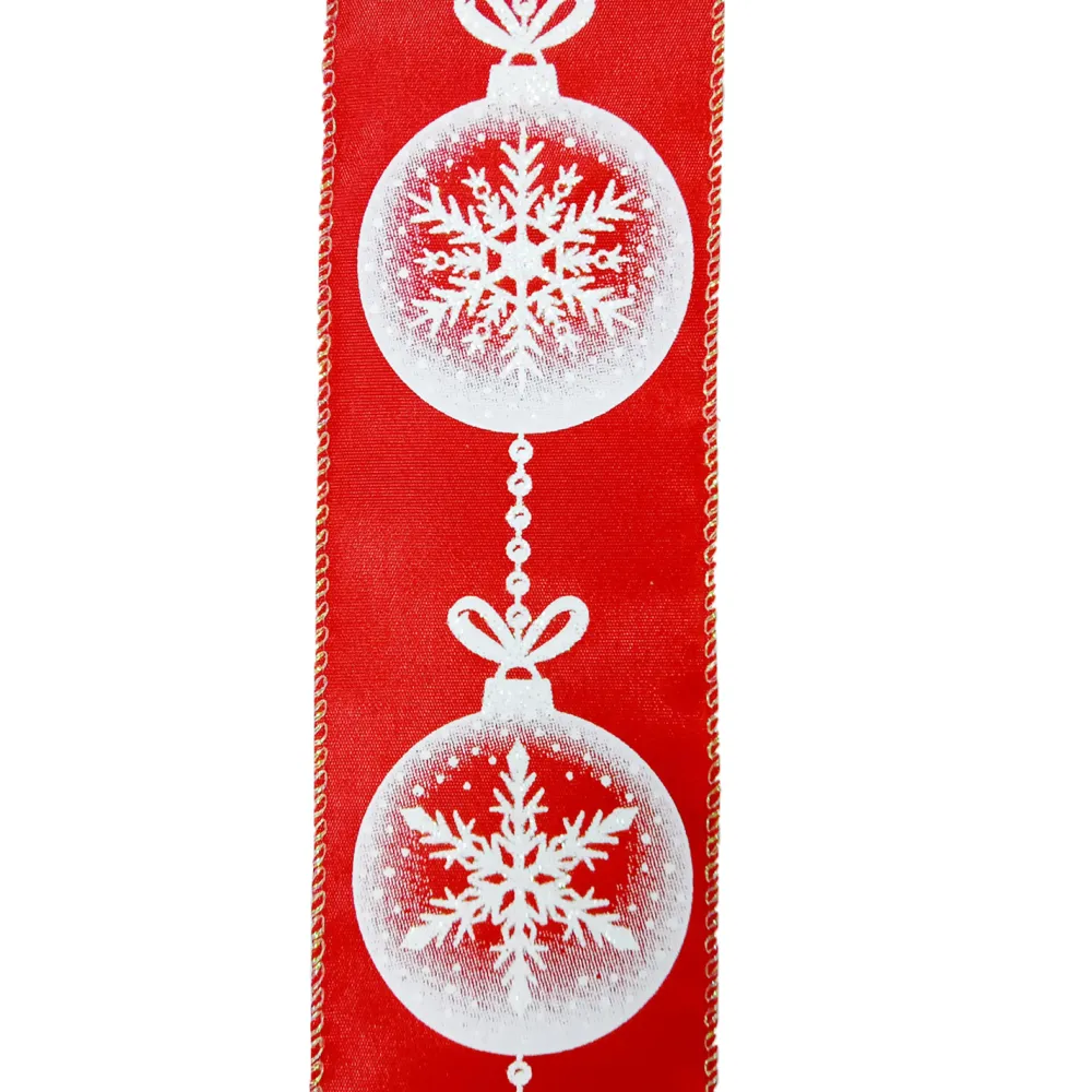 Best Christmas Forever WIRED RIBBON 2.5″X10 YDS RED W/ WHITE SNOWFLAKES IN BALL