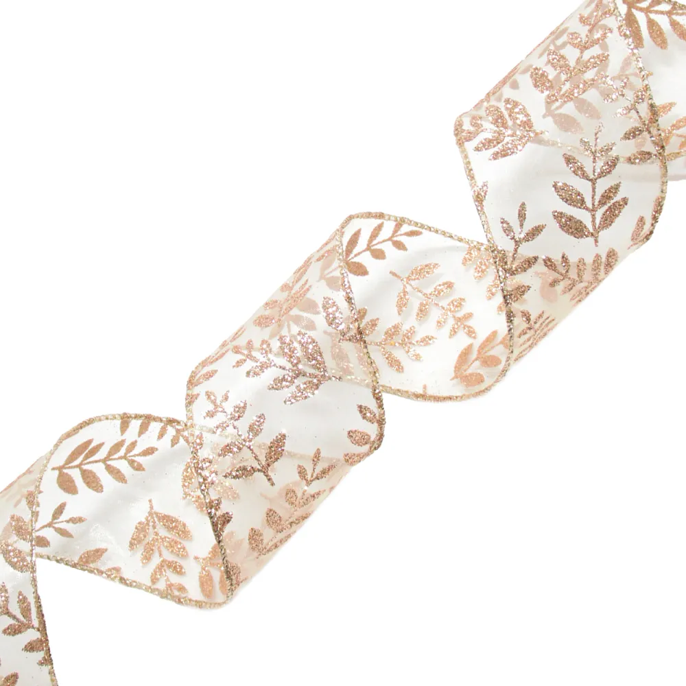 Online Christmas Forever WIRED RIBBON 2.5″x10 YDS. ROSE GOLD SHEER W/ GLITTER LEAF VINE