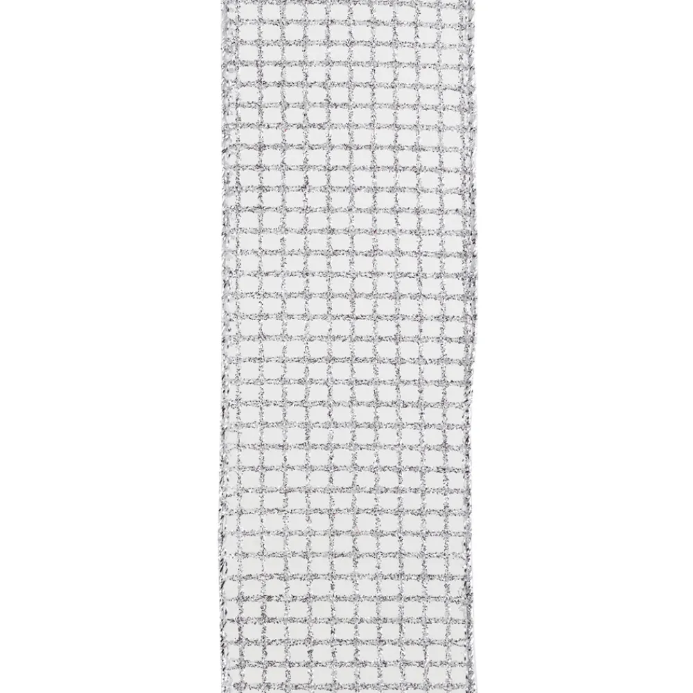 Clearance Christmas Forever WIRED RIBBON 2.5″X10 YDS SILVER GLITTER ON WHITE NET
