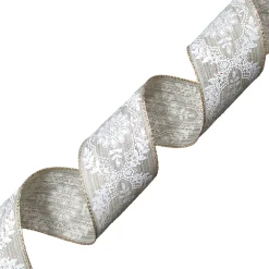 Hot Christmas Forever WIRED RIBBON 2.5″x10 YDS. STRIP BURLAP W/ WHITE ROYAL FLORAL