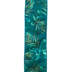 Discount Christmas Forever WIRED RIBBON 2.5″X10 YDS TURQUOISE W/ PEACOCK FEATHER