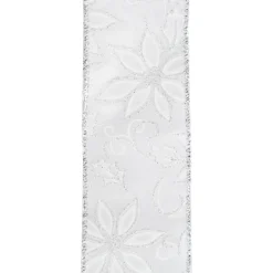 Best Christmas Forever WIRED RIBBON 2.5″X10 YDS WHITE BURLAP SATEEN W/ WHITE POINSETTIA