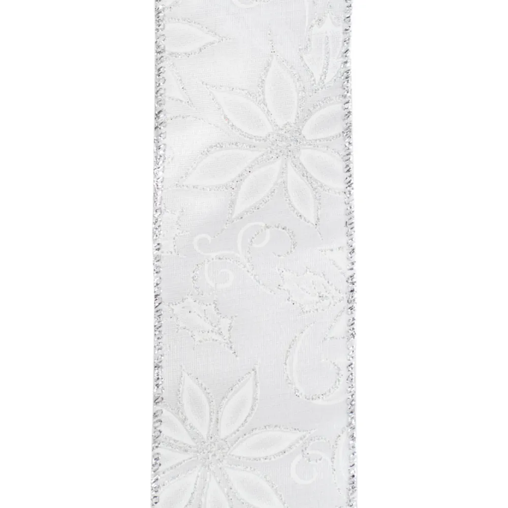 Best Christmas Forever WIRED RIBBON 2.5″X10 YDS WHITE BURLAP SATEEN W/ WHITE POINSETTIA