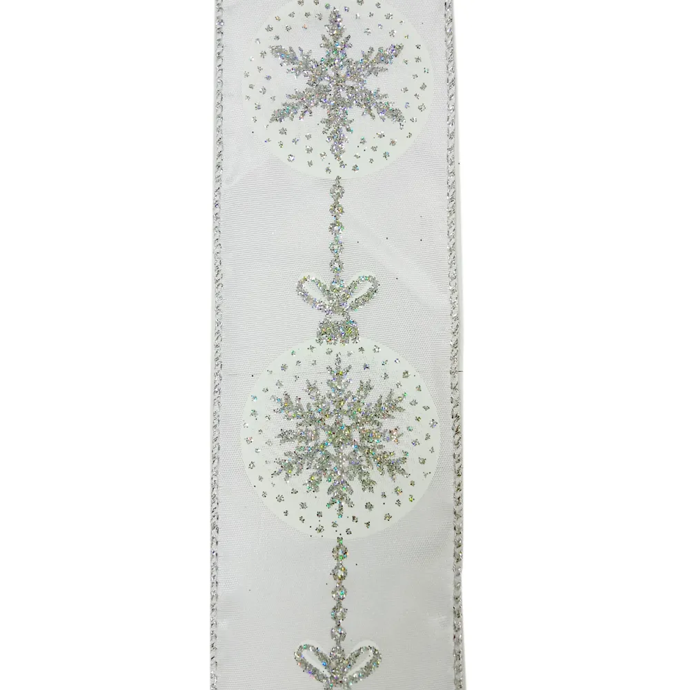 Christmas Forever WIRED RIBBON 2.5″X10 YDS WHITE W/ SILVER SNOWFLAKES IN BALL