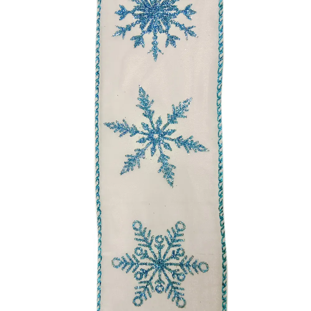 Best Christmas Forever WIRED RIBBON 2.5″X10 YDS WHITE W/ BLUE SNOWFLAKES