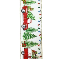 Clearance Christmas Forever WIRED RIBBON 2.5″X10 YDS WHITE W/ RED TRUCK/CAMPER W/ XMAS TREES