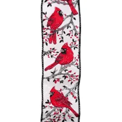 Sale Christmas Forever WIRED RIBBON 2.5″X10 YDS WHITE W/ RED CARDINAL IN BRANCH