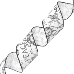 Best Christmas Forever WIRED RIBBON 2.5″x10 YDS. WHITE IMITATED COTTON W/ BLACK XMAS LETTERS & ORN.