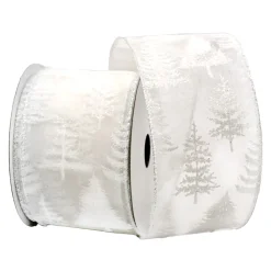 New Christmas Forever WIRED RIBBON 2.5″x10 YDS. WHITE SHEER W/ TREES