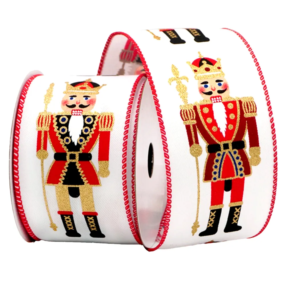 Sale Christmas Forever WIRED RIBBON 2.5″x10 YDS. WHITE W/ NUTCRACKER