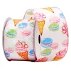 Hot Christmas Forever WIRED RIBBON 2.5″x10 YDS. WHITE/PINK W/ MULTI MACAROONS & ICE CREAM