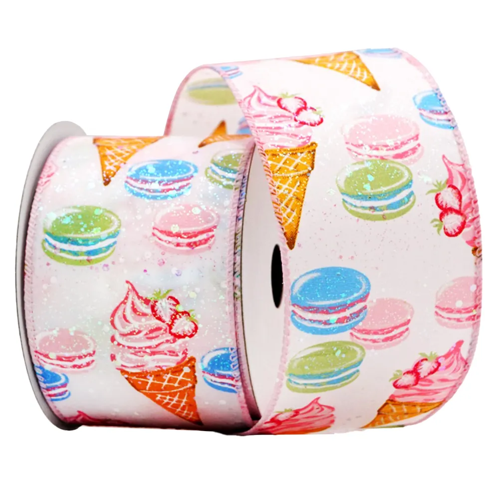 Hot Christmas Forever WIRED RIBBON 2.5″x10 YDS. WHITE/PINK W/ MULTI MACAROONS & ICE CREAM