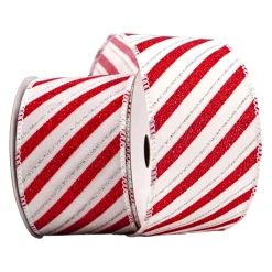 Clearance Christmas Forever WIRED RIBBON 2.5″x10 YDS. WHITE/RED/SILVER W/ DIAGONAL STRIPES