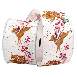 Outlet Christmas Forever WIRED RIBBON 2.5″x10 YDS. WHITE/RED W/ GINGERBREAD & SWIRL CANDIES
