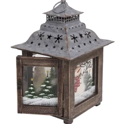 Outlet Christmas Forever WOODEN LANTERN 11″H TIN ROOF W/SNOWMAN SCENE