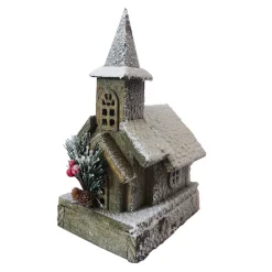 Clearance Christmas Forever WOODEN NAT. CHURCH 10″ W/ SNOW LED LIGHTS 3AA BATTERY W/ TIMER