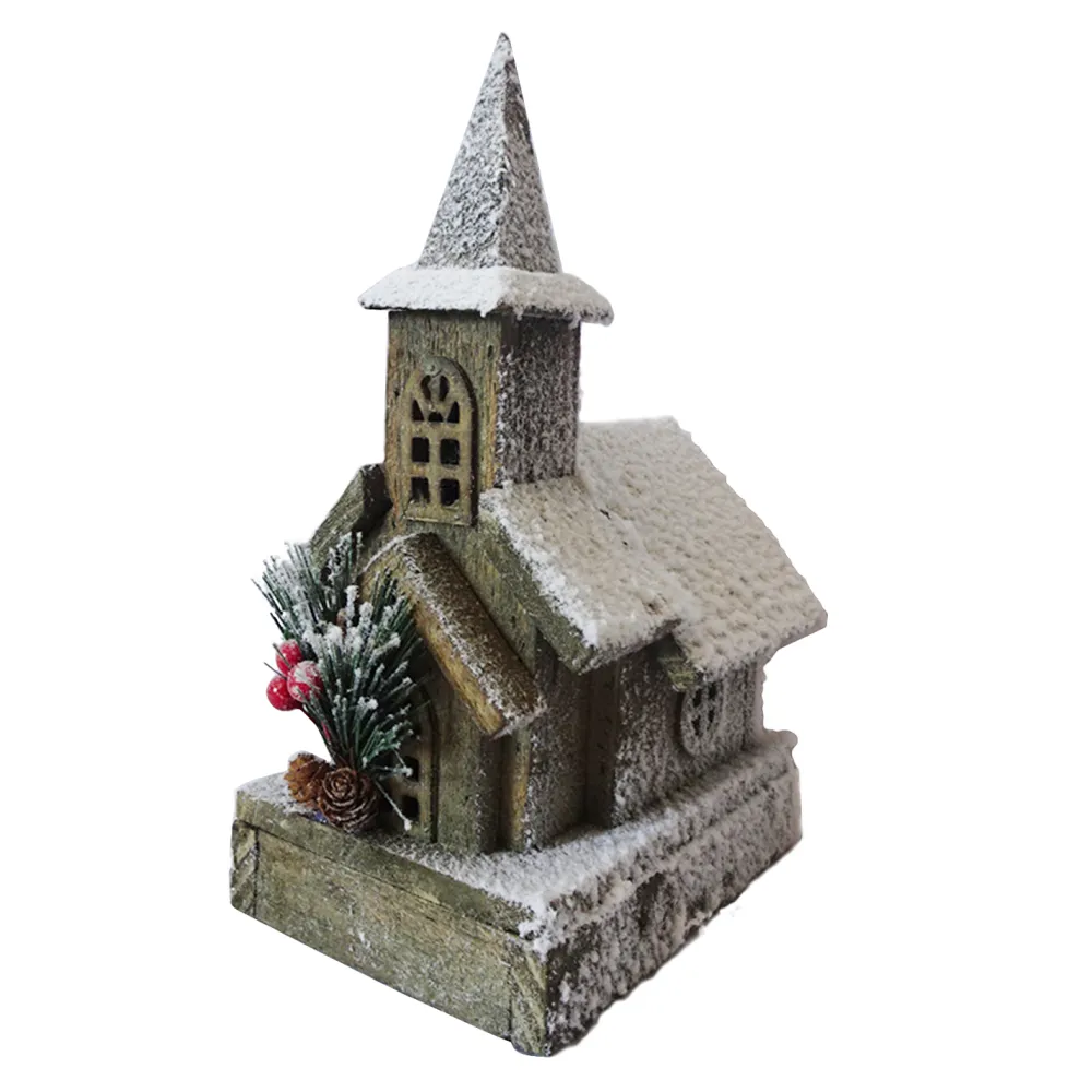Clearance Christmas Forever WOODEN NAT. CHURCH 10″ W/ SNOW LED LIGHTS 3AA BATTERY W/ TIMER