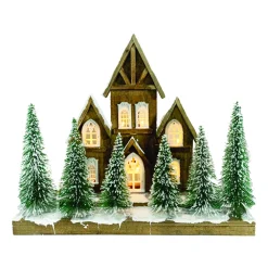 Online Christmas Forever WOODEN NAT. VILLAGE SCENE 17.5″x15″ W/ LED LIGHTS SNOW & TREES