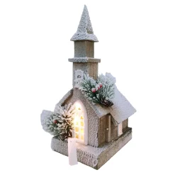 Online Christmas Forever WOODEN NAT./FLOCKED CHURCH 14.5″+10L W/ LED B/O (NOT INCLUDED) W/ TIMER