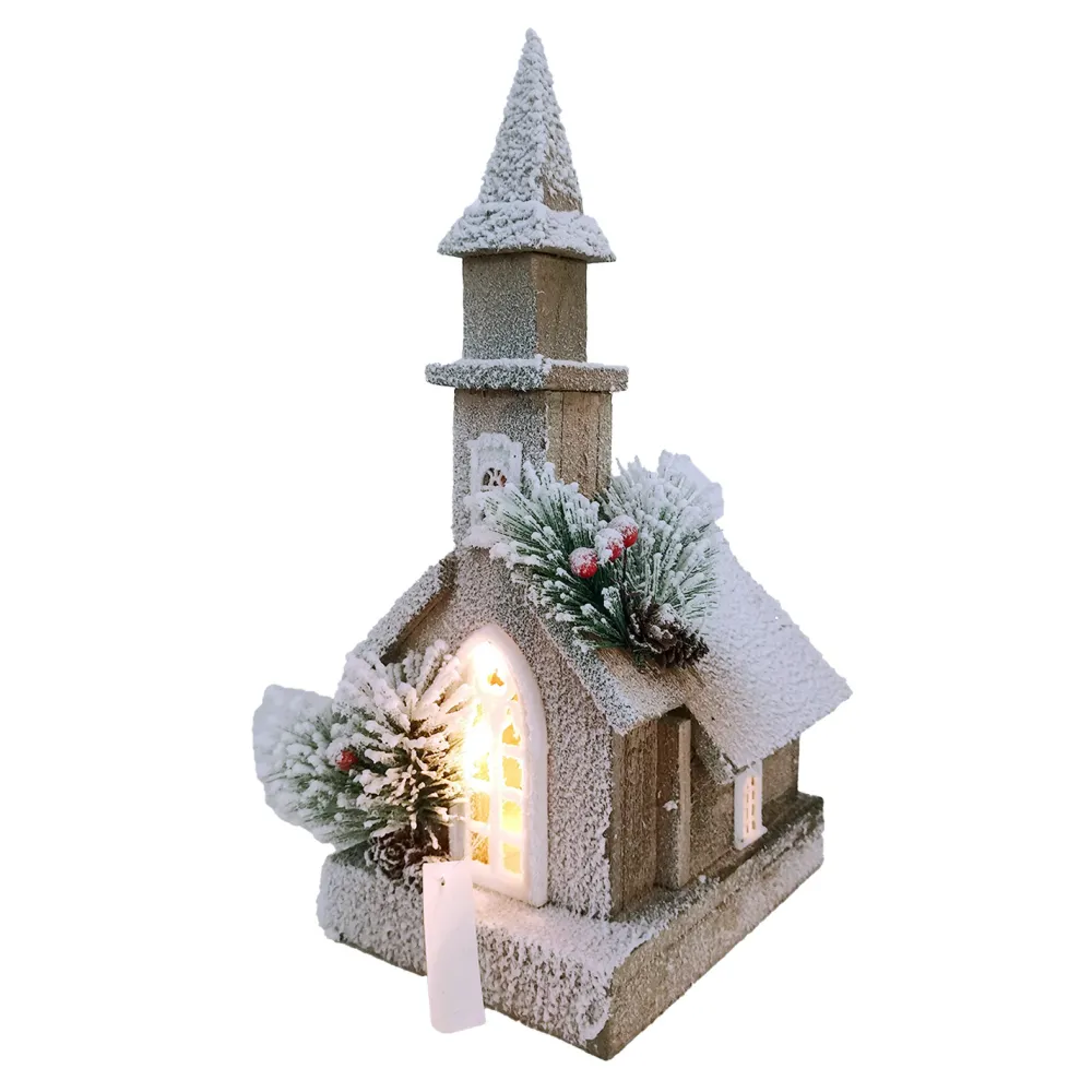 Online Christmas Forever WOODEN NAT./FLOCKED CHURCH 14.5″+10L W/ LED B/O (NOT INCLUDED) W/ TIMER