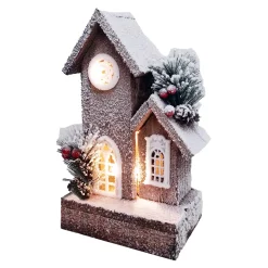 Clearance Christmas Forever WOODEN NAT./FLOCKED HOUSE 10″+10L W/ LED B/O (NOT INCLUDED) W/ TIMER
