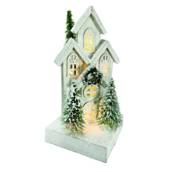 Discount Christmas Forever WOODEN WHITE HOUSE 6.5″x15″ W/ LED LIGHTS SNOW & TREES