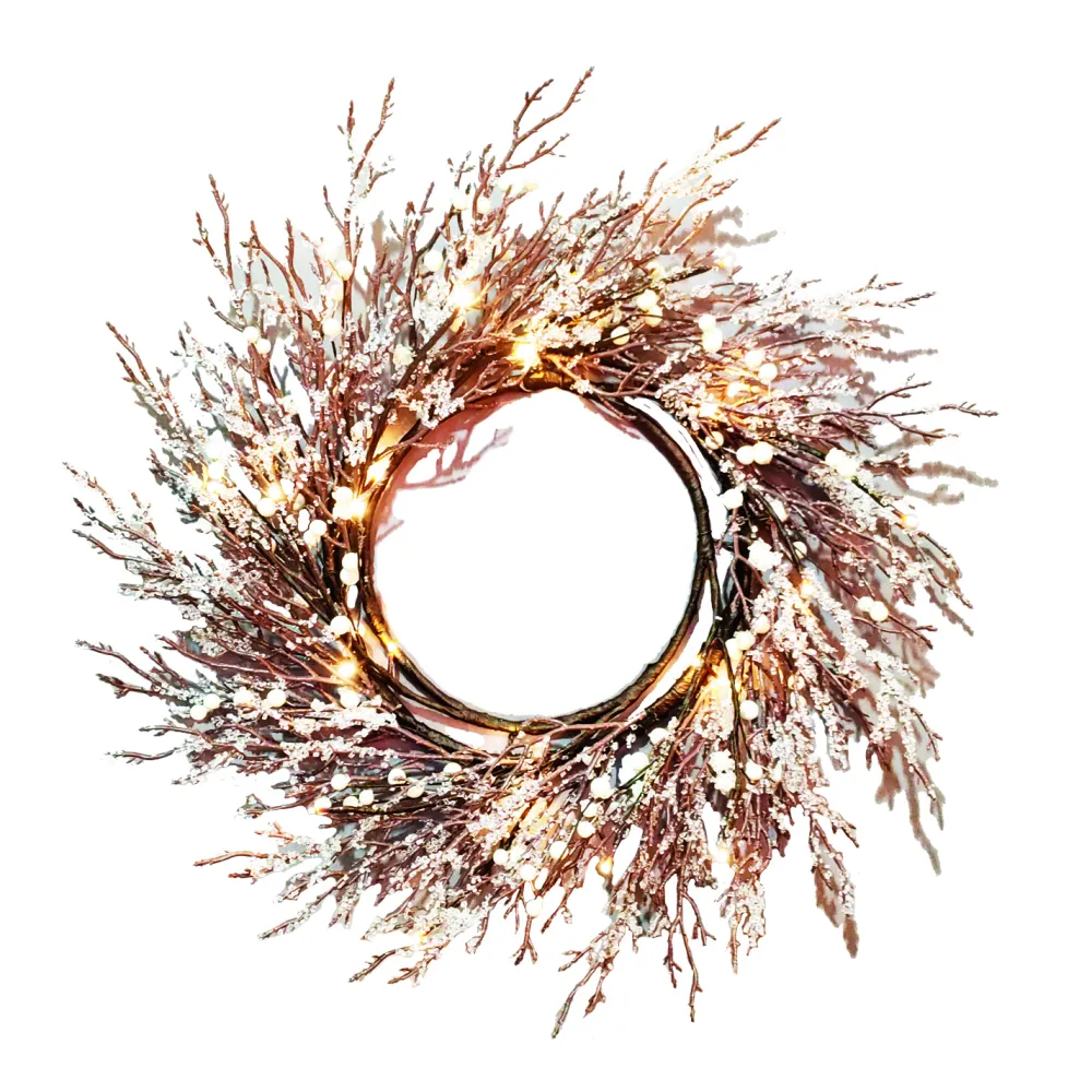 Christmas Forever WREATH FROSTED ICED 24″ W/ 24 LED LIGHTS BROWN / CLEAR