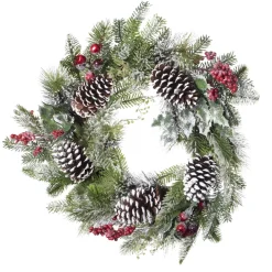 Discount Christmas Forever WREATH GRN 24″ FROSTED MIXED NEEDLE PINE W/ PINE CONES & BERRIES