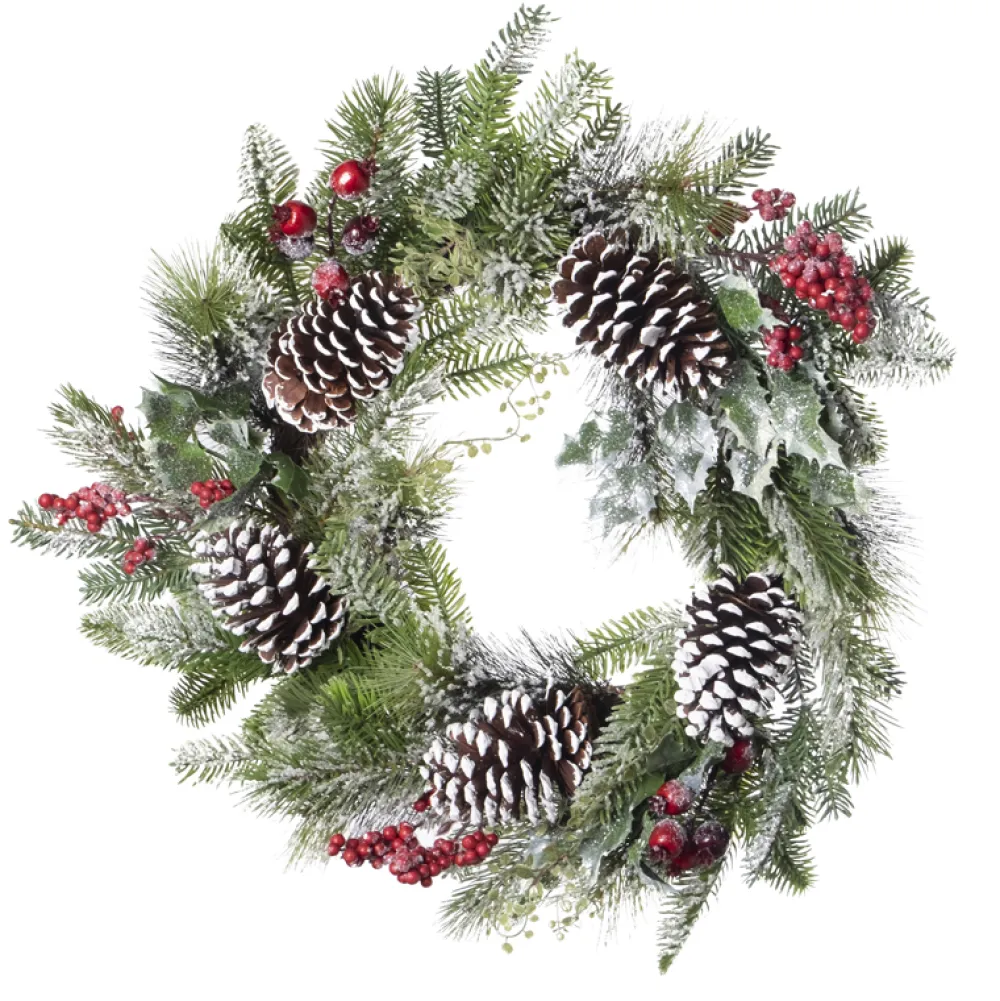 Discount Christmas Forever WREATH GRN 24″ FROSTED MIXED NEEDLE PINE W/ PINE CONES & BERRIES