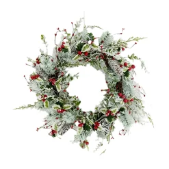 Outlet Christmas Forever WREATH GRN 24″ HOLLY LEAF, MIXED GREENS, RED BERRIES AND CONES FROSTED