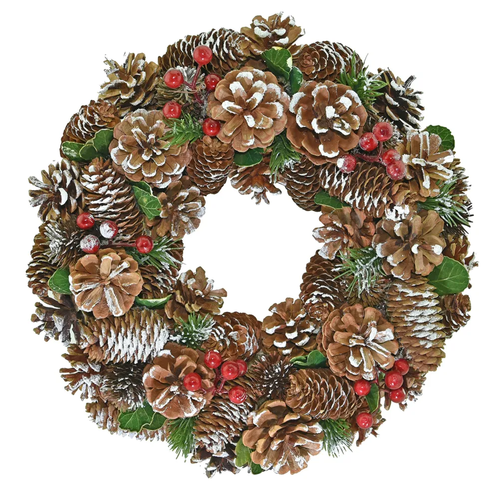 Discount Christmas Forever WREATH PINE CONES 14″ WHITE PAINTING W/ RED BERRIES & GREENS