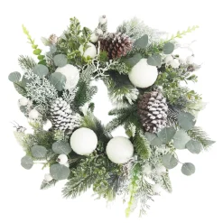 Best Christmas Forever WREATH PINE FROSTED 24″ MIXED PINE W/ EUCALPTUS, PINE CONES & SOW BALLS