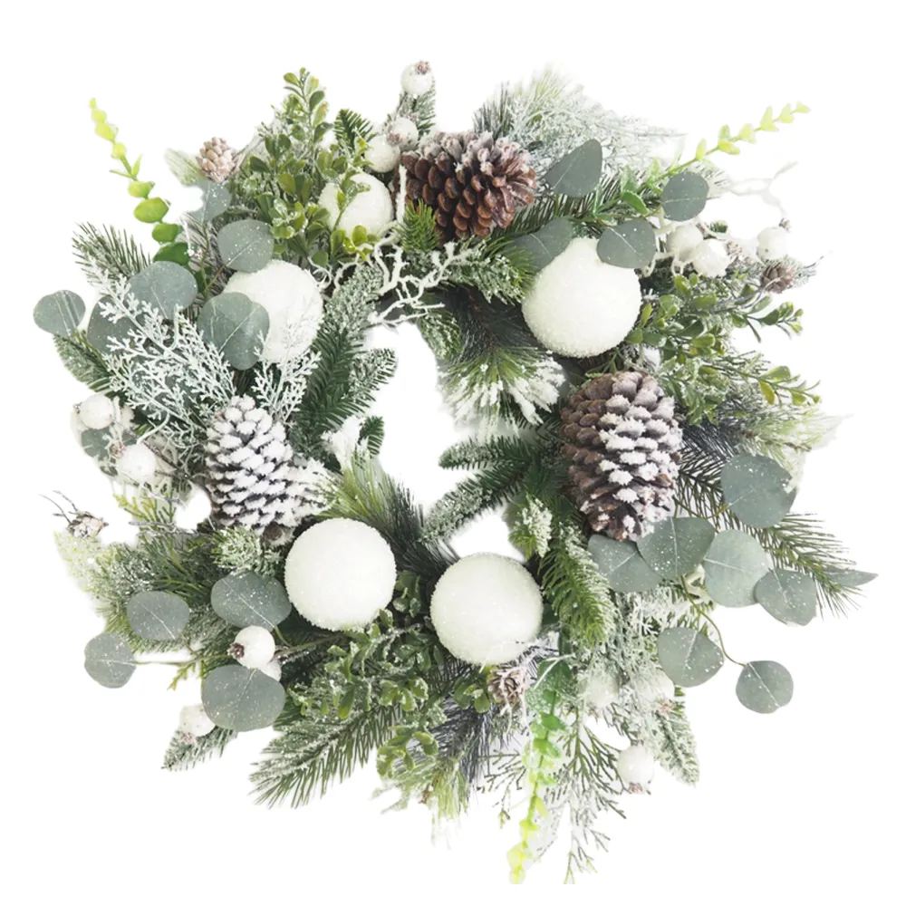 Best Christmas Forever WREATH PINE FROSTED 24″ MIXED PINE W/ EUCALPTUS, PINE CONES & SOW BALLS