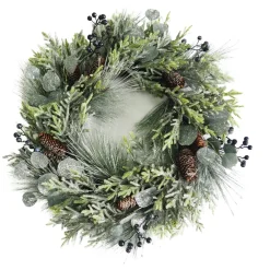 Discount Christmas Forever WREATH PINE FROSTED 24″ MIXED PINE W/ EUCALYPTUS, BLACK BERRY & PINE CONES