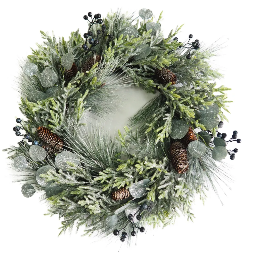 Discount Christmas Forever WREATH PINE FROSTED 24″ MIXED PINE W/ EUCALYPTUS, BLACK BERRY & PINE CONES