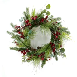 Discount Christmas Forever WREATH RATTAN 22″ MIXED PINES W/ RED BERRIES