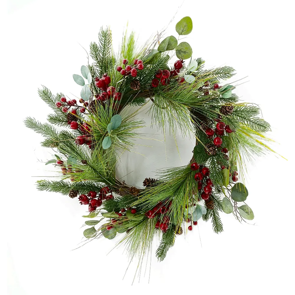 Discount Christmas Forever WREATH RATTAN 22″ MIXED PINES W/ RED BERRIES