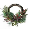 Online Christmas Forever WREATH RATTAN 24″ RED BERRY, MIXED GREENERY & PINE CONES FROSTED