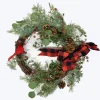 Sale Christmas Forever WREATH RATTAN 20″ W/ MIXED GREENS, CARDINAL & BLK/ RED BUFFALO PLAID BOW