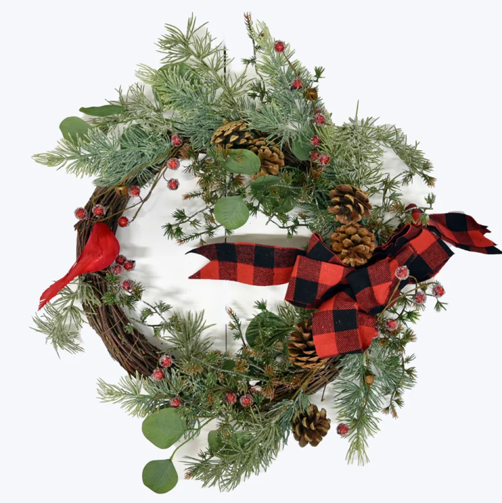 Sale Christmas Forever WREATH RATTAN 20″ W/ MIXED GREENS, CARDINAL & BLK/ RED BUFFALO PLAID BOW