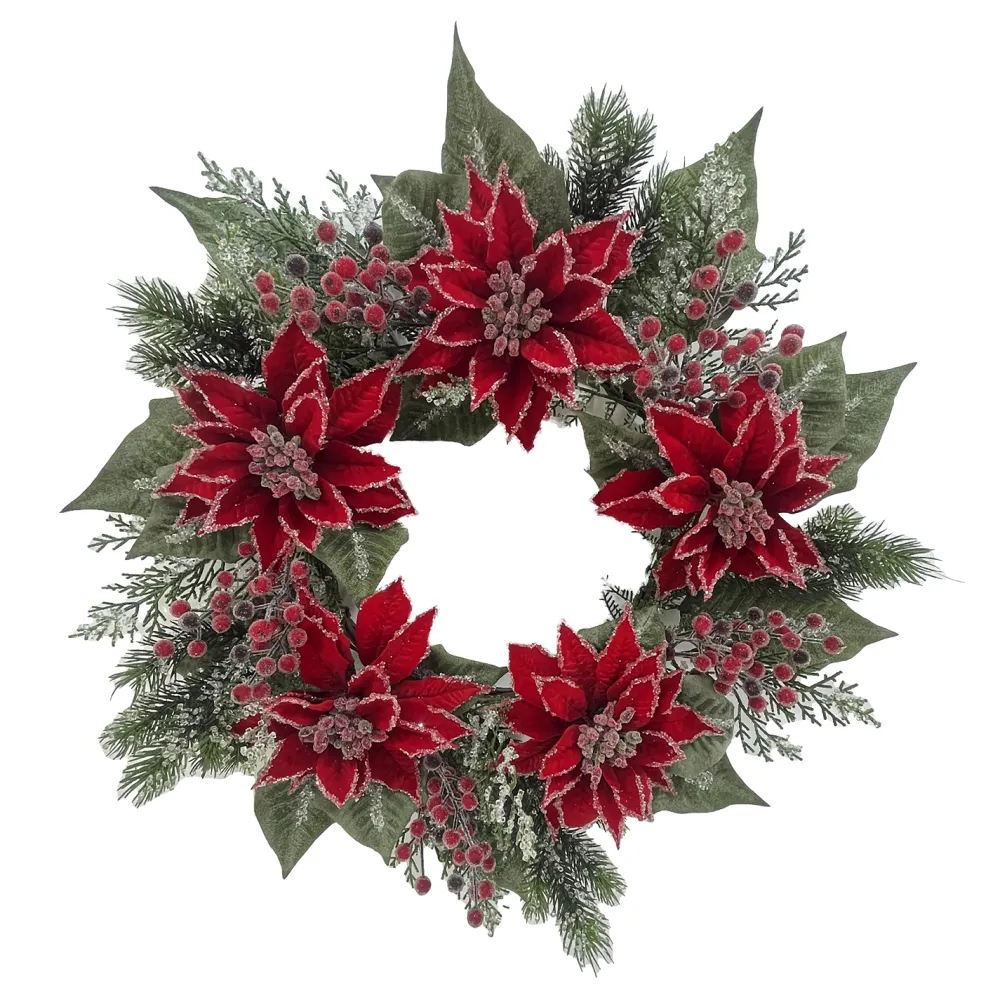 Hot Christmas Forever WREATH RED POINSETTIA 24″ ICED W/ MIXED GREES & RED BERRIES