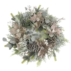 Online Christmas Forever WREATH TAUPE POINSETTIA 24″ FROSTED W/ MIXED GREENS & CONES