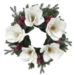 New Christmas Forever WREATH WHITE MAGNOLIA 24″ W/ MIXED GREENS & ICED RED BERRIES